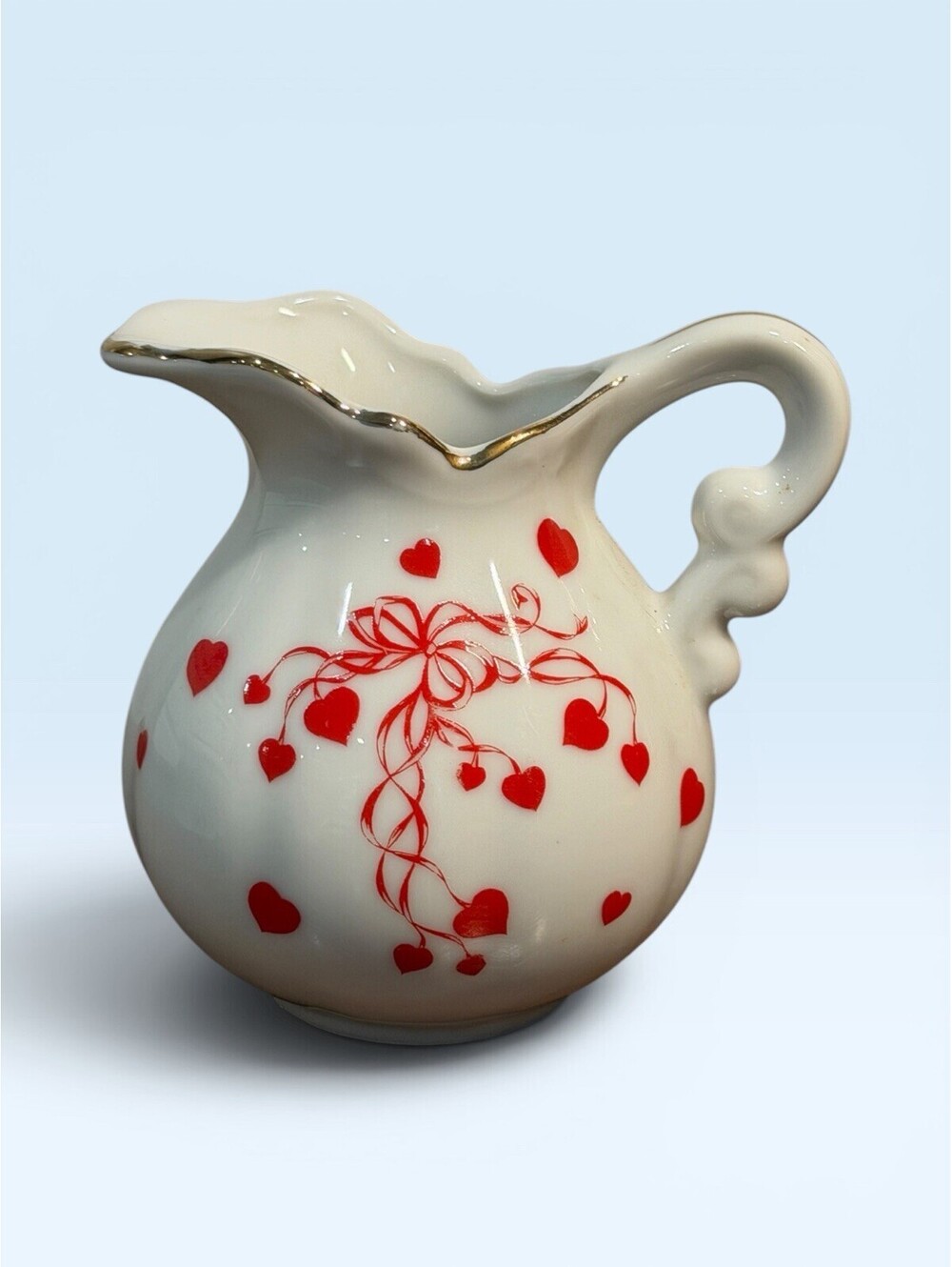 Vintage Lefton China Red Heart Mini Pitcher Red Hearts And Ribbons Design